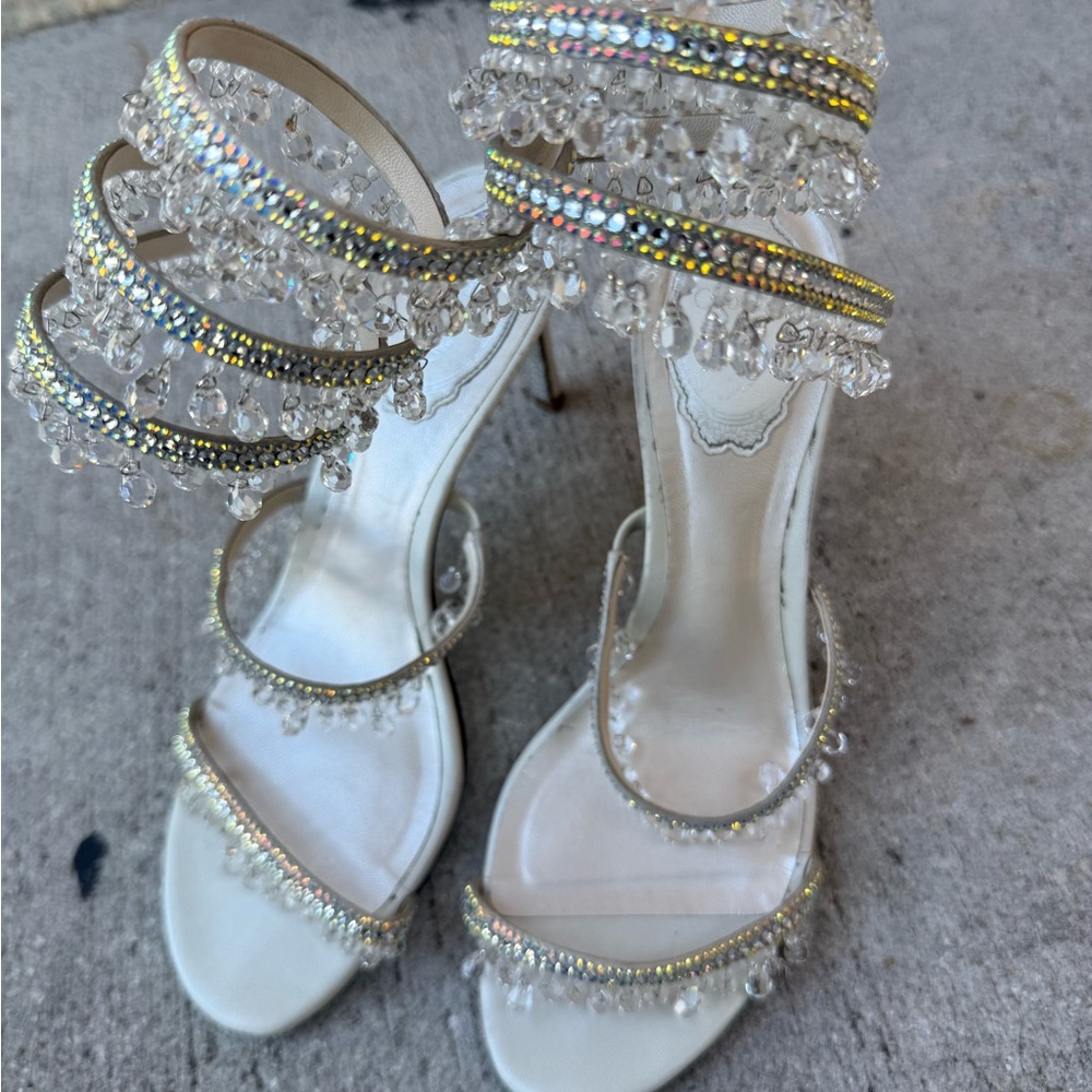 Rene Caovilla Crystal-Embellished Cream Heels